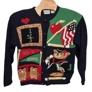 VTG Alexandra Bartlett Cardigan Sweater Navy Blue Size XL Teacher Back To School